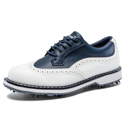 Men's Spiked Golf Shoes Water-Resistant Lightweight Sneakers - White & Blue, Size 10