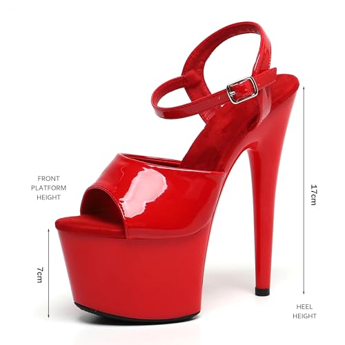 Red Women's 7-Inch Platform Heel Sandals with Ankle Strap - Sexy Pole Dance Shoes