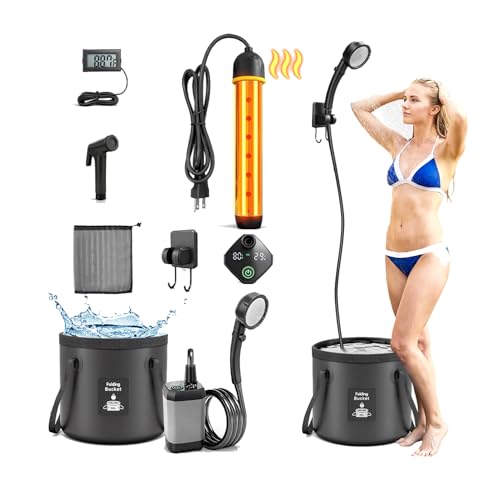 Portable Shower with Heater for Camping - Black, 6.6-Gallon Foldable Bucket & 3 Spray Modes