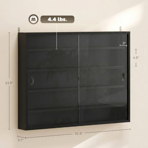 Wall Mounted Glass Display Cabinet - 5 Tiers, Adjustable Shelves, Jet Black