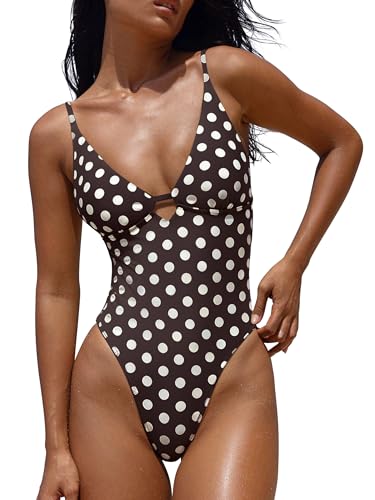 Women's One Piece Swimsuit with V Neck Padded Bathing Suit - Medium Cocoa White Polka