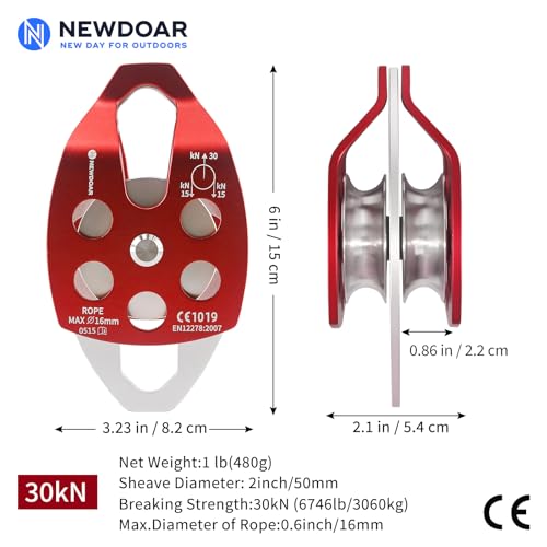 Rescue Pulley System - Large 30KN Double Pulley with Swing Plate - Red Double