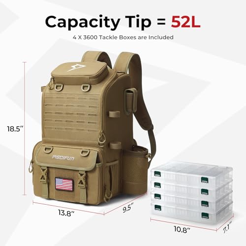 Piscifun Khaki Fishing Tackle Backpack 52L with Rod Holders & 4 Boxes