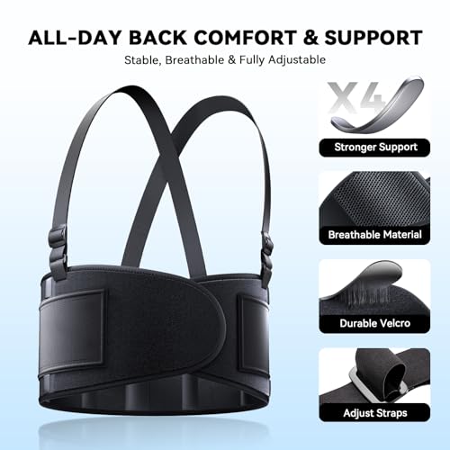 Work Back Brace for Men & Women, Adjustable Lower Back Support Belt - Black, Large