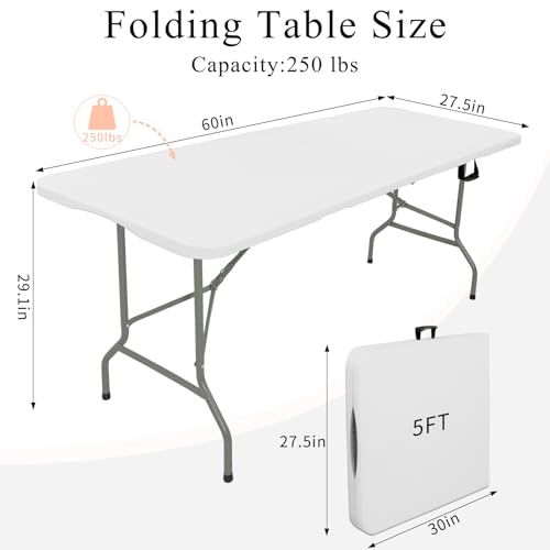 JALANCY 5FT White Folding Plastic Camping Table Set of 2 Portable Outdoor Tables