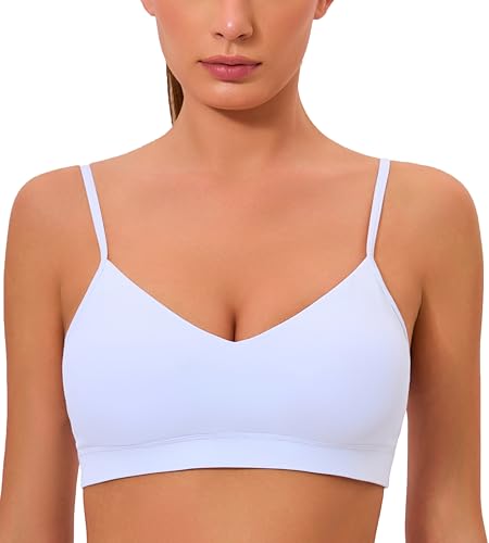 Women's V Neck Sports Bra with Padding & Thin Straps - Medium White