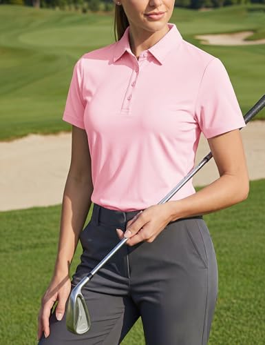 Women's Golf Polo Shirt UPF 50+ Sun Protection Short Sleeve Collared Top - Light Pink, Large