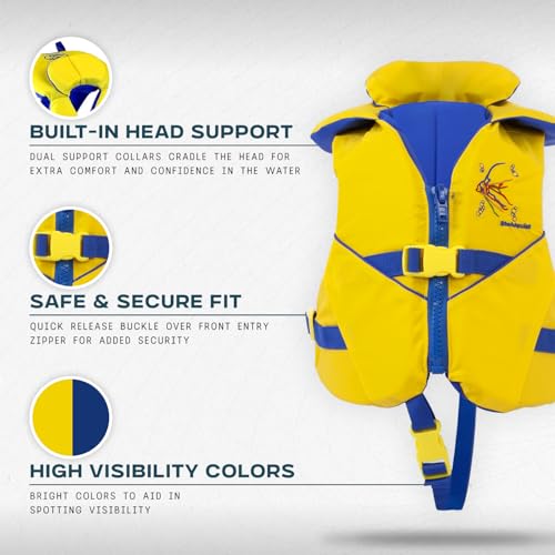 Stohlquist Child Life Jacket US Coast Guard Approved Yellow/Blue, Adjustable PFD for Kids 30-50 lbs