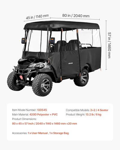 VEVOR 2+2/4 Passenger Golf Cart Cover Waterproof 600D Oxford Fabric, Fits Most Models, Black