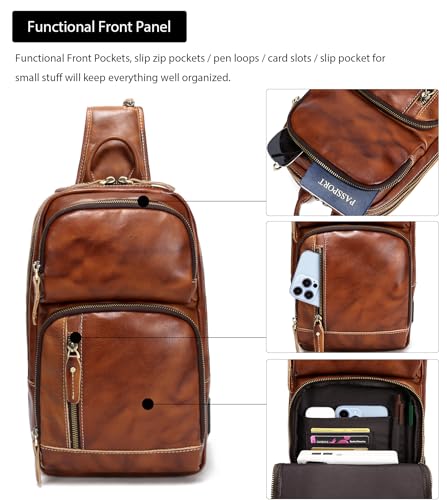 LANNSYNE Leather Sling Bag for Men - Crossbody Chest Pack Fits 10.5" iPad - Orange