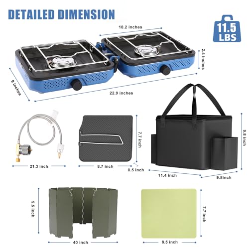 Hisencn Sky Blue Double Burner Camping Stove with Windscreen & Accessories