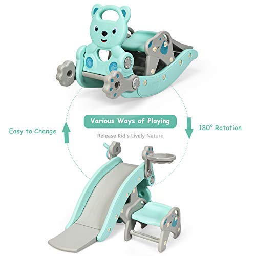 Green 36x15x22 Inch 5-in-1 Toddler Slide Rocking Toy with Detachable Stool & Basketball Game