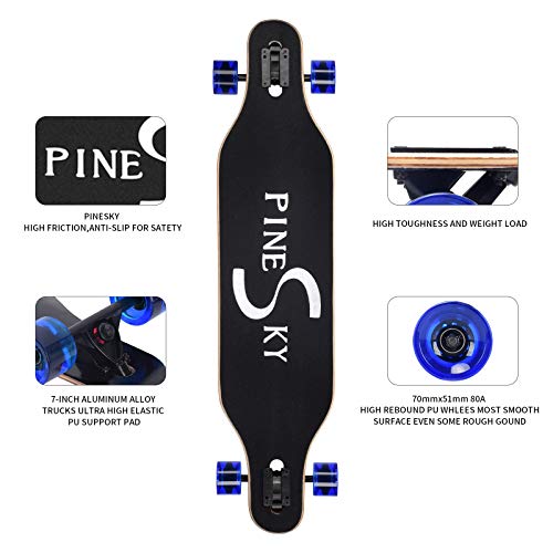 PINESKY 41 Inch Blue Sky Longboard Skateboard Complete Cruiser with T-Tool
