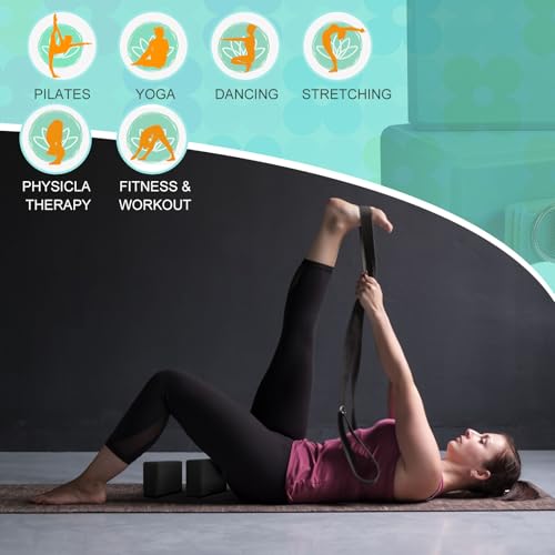 Black Yoga Blocks and Strap Set - 12 EVA Foam Blocks 6 Adjustable 8ft Straps