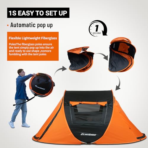 EchoSmile 2-Person Black & Orange Instant Pop Up Camping Tent, Easy Setup