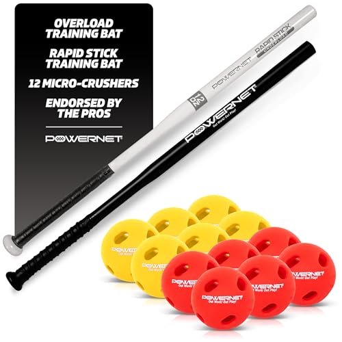 PowerNet Overload & Rapid Stick Baseball Training Bat Bundle with Micro Crusher Balls - Black & White
