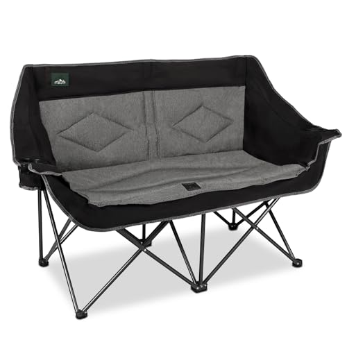 Northroad Black & Grey Folding Loveseat Camping Chair for 2 with Cup & Wine Glass Holders
