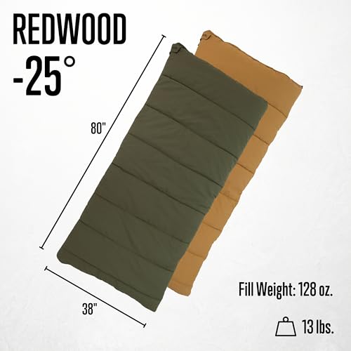 ALPS OutdoorZ Redwood Sleeping Bag -25°F Green, Oversized Rectangle for Cold Weather Camping