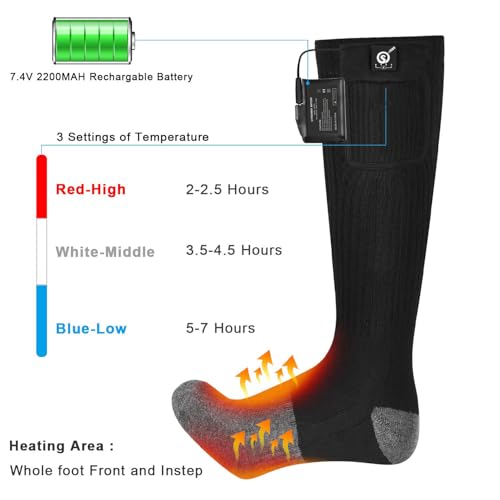 SNOW DEER Rechargeable Heated Socks for Men & Women, Black & Gray Large