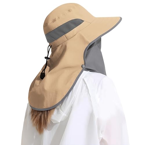 Outdoor Sun Hat with Detachable Neck Face Flap UPF 50+ UV Protection - One Size Khaki