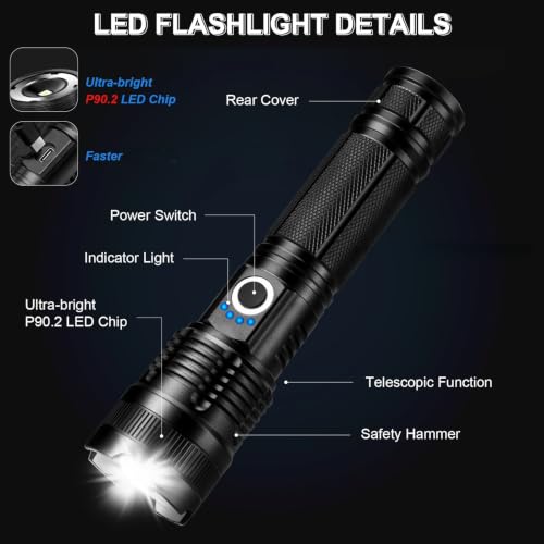Rechargeable LED Flashlight 99000 Lumens Waterproof Handheld Camping Light with 5 Modes & USB-C