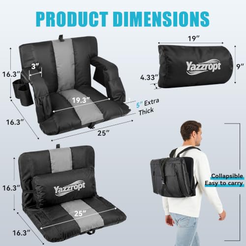 Grey 25in Portable Stadium Seat with Back Support & Cup Holder – Extra Thick Padding, 6 Adjustable Backrest Positions, Lumbar Pillow & Storage Pockets – 1-Pack
