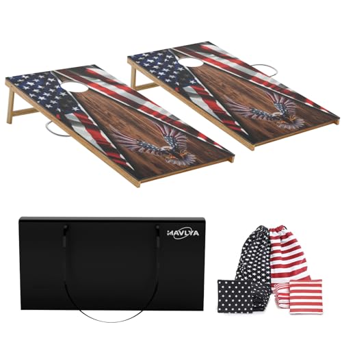 Mavlya Flying Eagle Flag Cornhole Board Set - Outdoor Regulation 2x4 ft Wooden Toss Game with 8 Bags & Carry Case