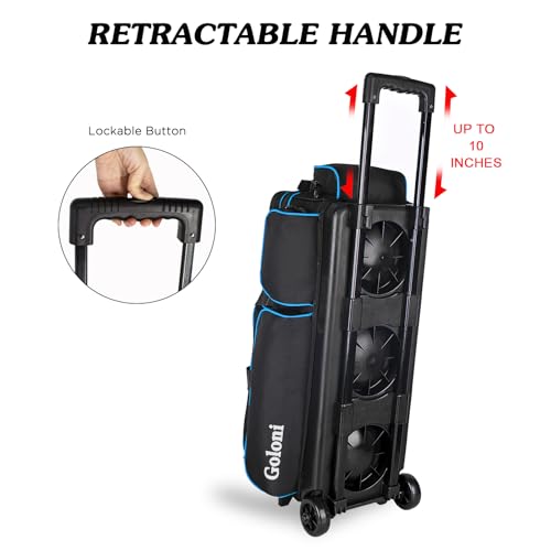 Goloni Blue 3-Ball Bowling Bag with Wheels & Retractable Handle – Large Capacity