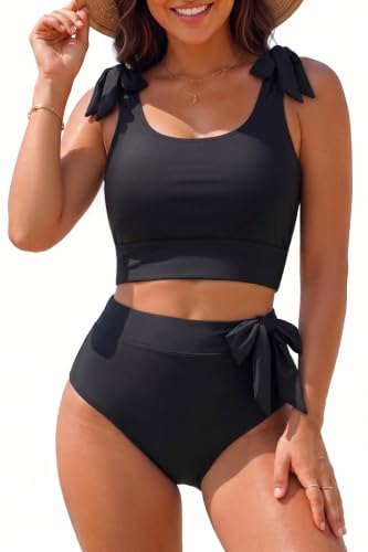 Yonique Medium Black High Waisted Tummy Control Bikini - Two Piece Swimsuit