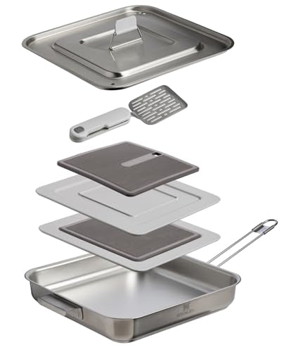 Camping Cookware Set with Stainless Steel Square Pan, Folding Spatula & Cutting Board
