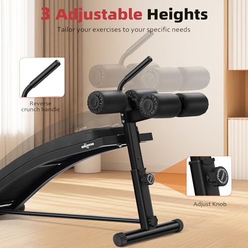 BODY RHYTHM Black Adjustable Sit Up Bench with Reverse Crunch Handle for Home Gym, Curved Ab Workout Equipment