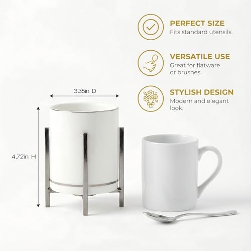 Farmhouse Flatware Holder with Silver Trim - Ceramic Utensil Caddy & Cup with Silver Bracket