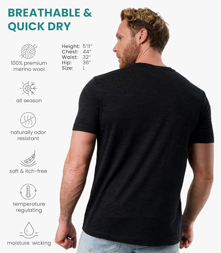 Men's Merino Wool T-Shirt Short Sleeve Base Layer - Charcoal Large