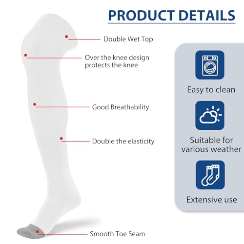 White Over Knee Baseball & Soccer Socks for Boys and Men - Large