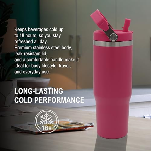 Hot Pink 30oz Insulated Stainless Steel Water Bottle with Handle - Leakproof Straw Lid