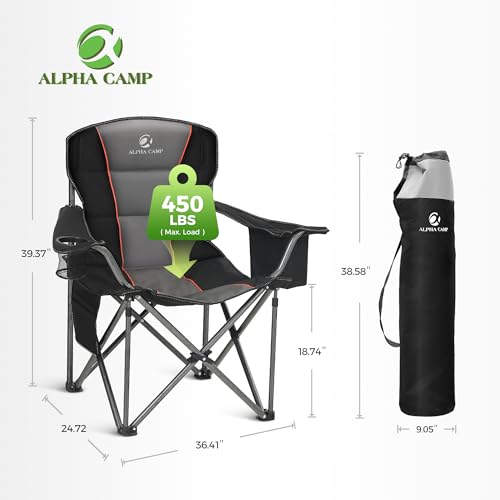 ALPHA CAMP Grey/Black 2-Pack Oversized Camping Folding Chairs with Lumbar Support