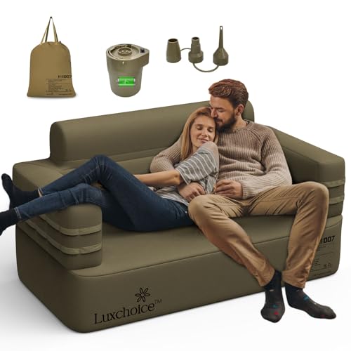 Inflatable Camping Loveseat Couch with Rechargeable Pump - Built-in Air Sofa
