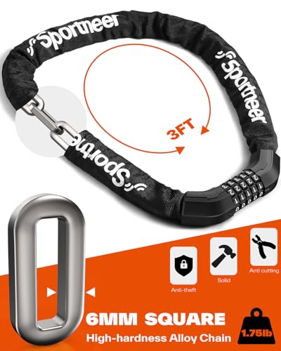 Heavy Duty Bicycle Chain Lock, 5-Digit Resettable Combination, 3.2ft, Anti-Theft Security