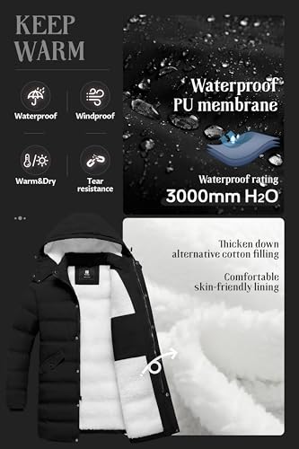 Pursky Men's Long Winter Coat XL Black Sherpa Lined Waterproof Puffer Jacket