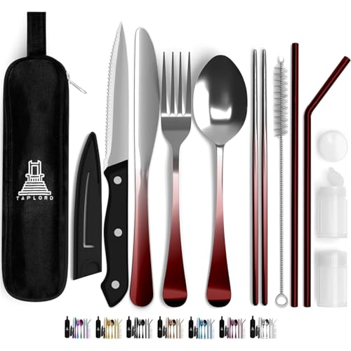 Travel Utensil Set with Case - 10 Pcs Portable Silverware Collection, Gradient Red