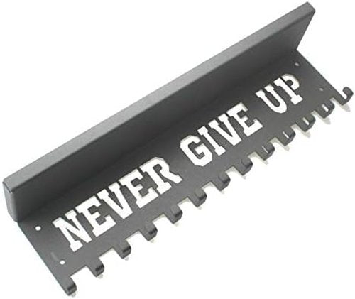Never Give Up Medal Hanger Display - 3" Trophy Shelf with Hooks | Easy Install Wall Shelf (Black)