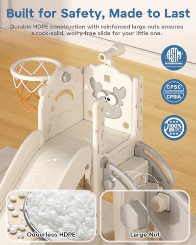 BIERUM 6-in-1 Toddler Playground Slide Set with Basketball Hoop & Telescope, White & Gray