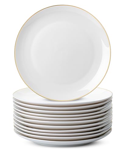 White Porcelain Dinner Plates Set of 12 - 10.5 inch Gold Rimmed, Classic Style