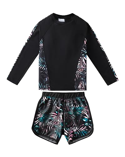 Girls Swimsuit Rash Guard 2-Piece Long Sleeve Bathing Suit with UPF50+ Size 13-14 Years - Coconut Leaf Black
