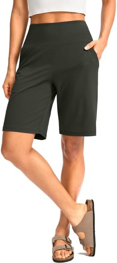 G Gradual Women's Bermuda Long Shorts - High Waisted, Knee Length with Pockets for Athletic Workouts
