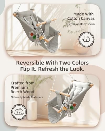 Baby Swing Indoor Outdoor with 5-Point Harness & Montessori Toys - Grey & White