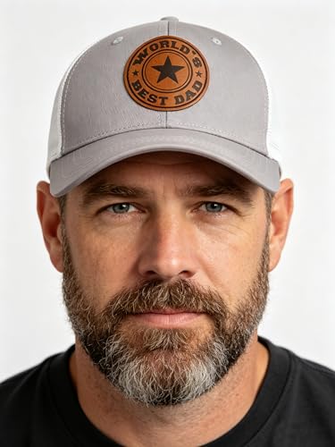 World Best Dad Ever Trucker Hat - Gray One Size with Leather Patch, Dad's Day Cap
