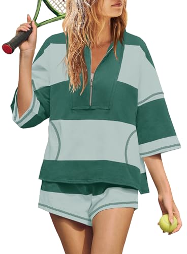Yanekop Women's Striped Workout Set Two-Piece Lounge Athleisure Set - Green Mixed Medium