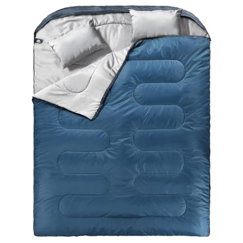 MEREZA Double Sleeping Bag for Adults XL Queen Size with Pillow, All-Season Camping & Hiking, Blue & Gray