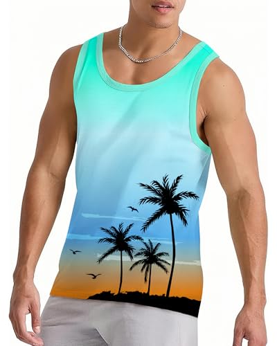 Mens Beach Tank Top – Blue X-Large Graphic Palm Tree Sleeveless Shirt for Summer Vacation & Workout